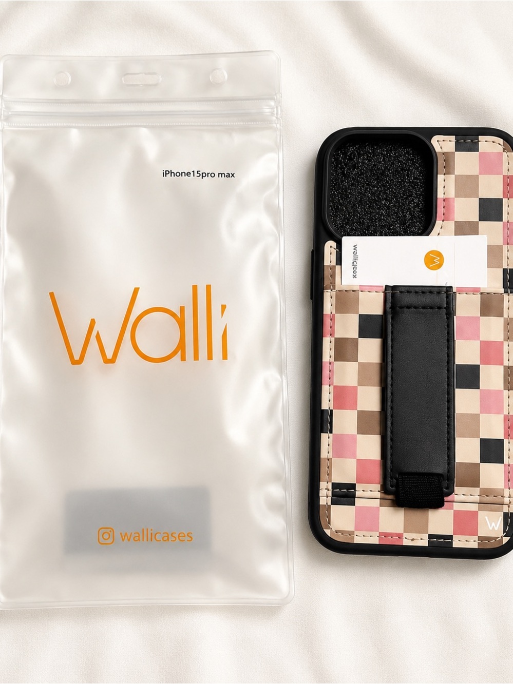 Wallis Pink and Beige Checkered Card Slot iPhone 15 pro maxCase with Strap